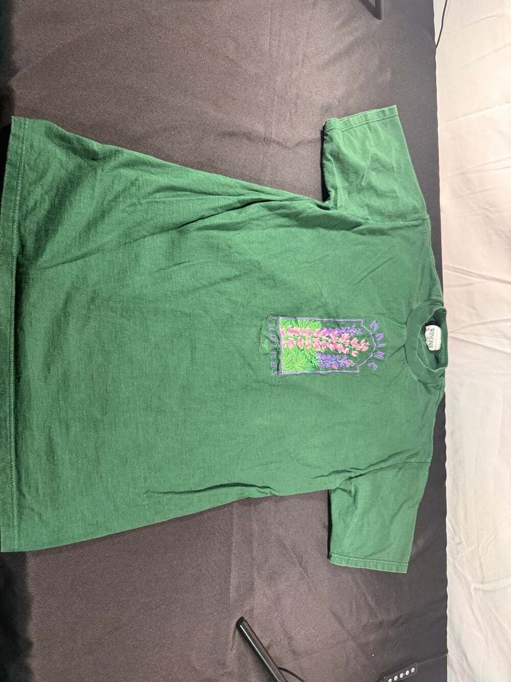 Winona USA Green T-Shirt with Maine Lupines Floral Embroidery